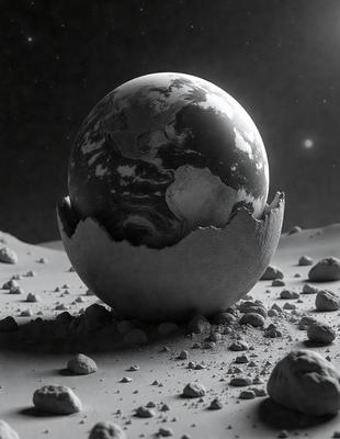 The primary subject of the image is a large, cracked egg, which is the main object, scene, or focus of the image. The egg is sitting on a surface that appears to be a combination of a rocky, barren landscape and a black background. The visual style of the image is a digital art or illustration, giving it a unique and artistic appearance. The colors and mood of the image are predominantly dark and moody, with the cracked egg being the main source of contrast and visual interest.